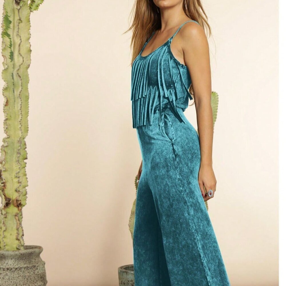 Turquoise Casual Women's Mineral Washed Fringe Jumpsuit